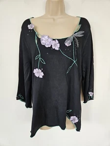 CHESCA Dragon Fly Floral Top UK 16 Applique Embroidered Long Sleeve Jumper Black - Picture 1 of 18