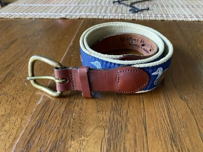Leather Man Ltd. Blue w/Mallard Duck Design Leather Canvas Belt Men's Size 30  - Image 1 of 4