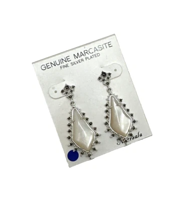 New MARSALA Genuine Marcasite Mother of Pearl Earrings Silver Plated Dangle NWT - Image 1 of 4