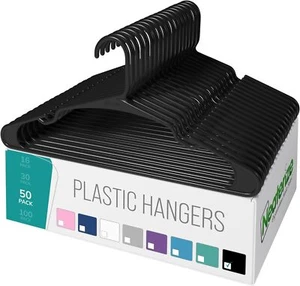 NEATERIZE 50 Pack Plastic Space Saving Clothes Hangers For Adults Black - Picture 1 of 7