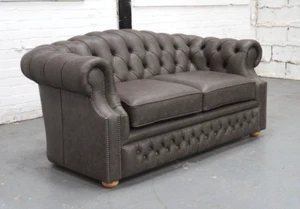 Chesterfield Two Seater Sofa in Grey Aniline Leather from Crest - Picture 1 of 8