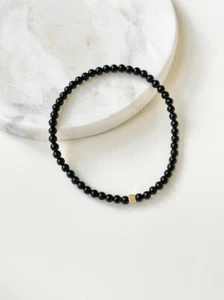 4MM Natural Black Onyx Plain Round Gemstone Stretchable Handmade Bracelet 6-8" - Imagen 1 de 8