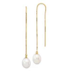 14k Yellow Gold 7-8mm White Rice FW Cultured Pearl Box Chain Threader Earrings - Picture 1 of 4