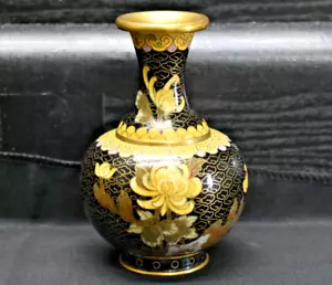 Vintage Black & Yellow Gold Cloisonné - 4" Tall Mini Vase (635) - Picture 1 of 9