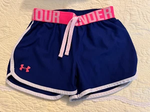 Under Armour Girls Athletic Shorts Size YSM Navy Running - Picture 1 of 2