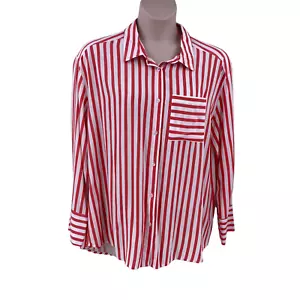 Blusa Camisa Top Allison Joy Mujer Talla XL Salmón Coral Blanco Rayas Botón LS - Imagen 1 de 13