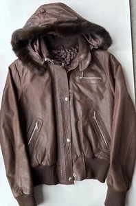 Brown Leather Bomber Jacket With Detachable Fur Trimmed Hood - Picture 1 of 14