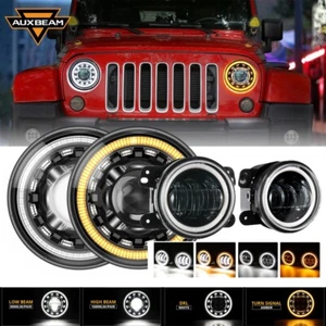 AUXBEAM For 2007-2018 Jeep Wrangler JK 7" Inch LED Headlights Amber Fog Light - Picture 1 of 12