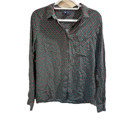 Blusa Top Camisa Forever 21 Verde Negra Roja Manga Larga Abotonada Geométrica Med Foto 1 de 4