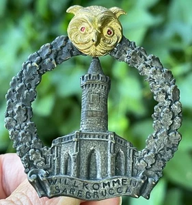Antique Saarbrucken Germany welcome owl brooch pin badge jewelry - Picture 1 of 15