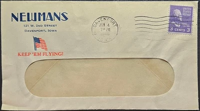 Newman's Keep 'Em Flying Flag Segunda Guerra Mundial Patriótico CC Davenport IA Adjunto Bill 1946 Foto 1 de 2