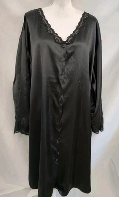 Abrigo Mujer Dentro Camisón Casa Negro Satinado Brillo con Encaje Borde Botón Frontal 5X Foto 1 de 4