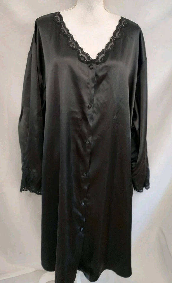 Abrigo Mujer Dentro Camisón Casa Negro Satinado Brillo con Encaje Borde Botón Frontal 5X Foto 1 de 4