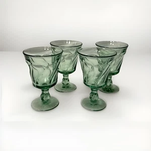Lot Of 4 Vintage Fostoria Jamestown Green Glass Water Goblets Footed Swirl - Picture 1 of 8
