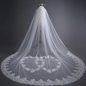 1 Tier 3 x3M Cathedral Length Bridal love heart Wedding Veil Lace Edge With Comb - Picture 1 of 5