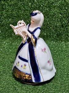 Rotating Musical Figurine Victorian Lady With Harp Blue & White Ceramic 6" Tall
