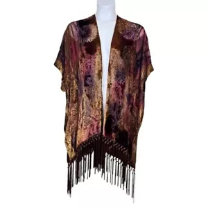 Chico's Womens Burgundy Purple Floral Velvet Ruana Kimono Cardigan Size S/M - Picture 1 of 11