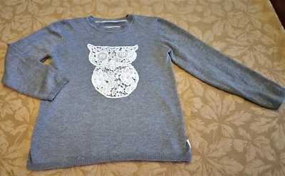 Girls 10-12 KNIT SWEATER Gray Grey & White Striped LACE OWL Emroidered Winter - Image 1 of 3