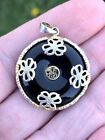 Vintage Asian Good Luck Onyx Disc Sterling Silver Pendant