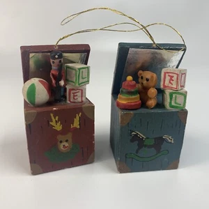 Vintage Children's Wooden Blocks With Solider Bear Christmas Ornament Set Of 2 - Picture 1 of 5