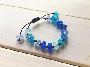 Handmade Blue Beach Sea Glass Bracelet, Adjustable String Knot Sennit Jewelry - Picture 1 of 7