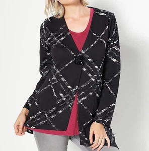 Truth + Style bedruckter Strick Cardigan asymmetrisch Knopf schwarz kariert Large *NEU* - Bild 1 von 2