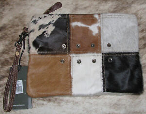 Myra Bags #0988 Hairon Block Design, Leather 10.5"x8" Pouch Wristlet Makeup Bag~