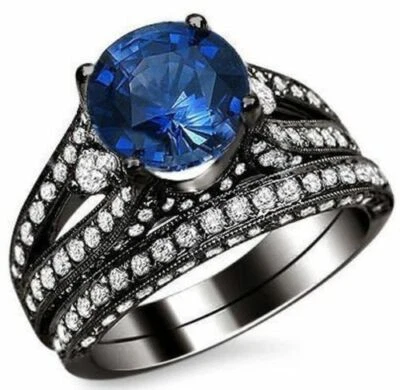 3.34Ct Blue Round Diamond Bridal Set Black Silver Ring Lab Created Christmas Day - Image 1 of 4