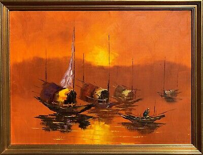 Stunning  Oil Painting On Canvas, Seascape,  Boats At Sunset, Signed • 320$