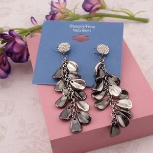 Vera Wang Pave Clear Rhinestone Metallic Chain Dangle Silver Tone Earrings - Picture 1 of 5