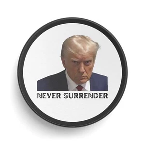 Black Hockey Puck Trump Mug Shot Never Surrender 3", Sports, President, Election - Picture 1 of 5