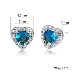 Heart Crystal Stud Earrings white gold plated wedding Blue Purple Green - Picture 1 of 5