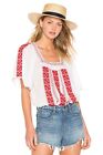 JOIE Tahoma Short Sleeve Top in Porcelain with Brick Red Embroidery XS