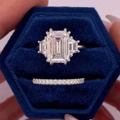 Обручальное кольцо с выращенным в лаборатории бриллиантом изумрудной огранки 5,30 карата золото 14 карат размер 6,75 - Изображение 1 из 4