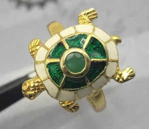 Ring US Size 7.75 Gold Plated 925 Silver Ring Enamel Turtle Ring Natural Emerald - Picture 1 of 14