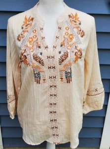 Blusa solitaria 100 % algodón manga larga boho bordada marrón melocotón naranja - Imagen 1 de 7