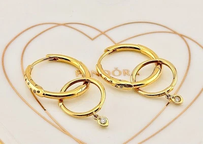 LIMITED EDITION New Pandora Shine Gold Flower Stem Double Hoop Earrings 267927CZ - Image 1 of 4