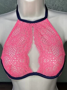 Victoria’s Secret reggicalze pizzo collo alto bralette rosa fluo e blu 32B molto sexy - Foto 1 di 9
