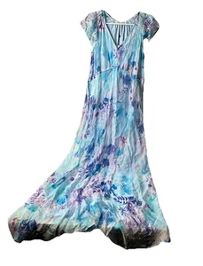 Women's XS NWT Hale Bob Silk/Viscose SHIRRED Boho Turquoise Floral Maxi Dress - Picture 1 of 15