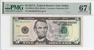 2017A $5 DALLAS FRN. PMG Superb Gem Uncirculated 67 EPQ Banknote. - Picture 1 of 2