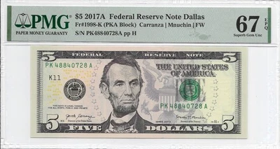 2017A $5 DALLAS FRN. PMG Superb Gem Uncirculated 67 EPQ Banknote. - Image 1 of 2