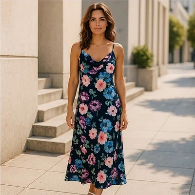 Eliza J Blue Teal Pink Purple Floral Spaghetti Strap Midi Dress Scoop Neck Sz 10 - Image 1 of 4