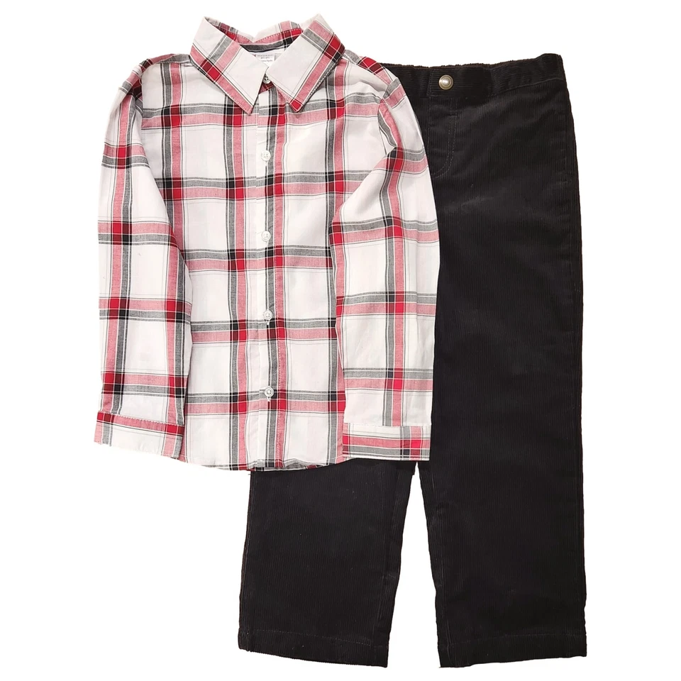 男孩 2 件套白色、红色和黑色衬衫和黑色灯芯绒裤子套装 5T — 第 1/2 张图片