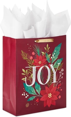 Hallmark 15" Extra Large Christmas Gift Bag with Dark Red, Poinsettia, "JOY"  - Image 1 of 4