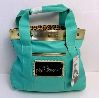 Mini Bolso de Mano Y2K Betsey Johnson XOX Algodón Verde Espuma de Mar, Interior Leopardo Reversible Foto 1 de 4