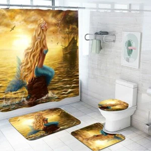 Juego de cubierta de inodoro alfombra de baño antideslizante cortina de ducha de sirena dorada de lujo - Imagen 1 de 15