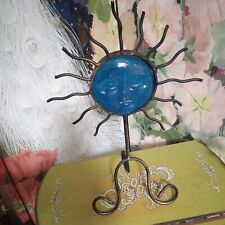 Vtg Folk Art Metal Cobalt BLUE Glass MOON SUN Face CELESTIAL Tall Candle Holder