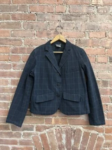 Vtg Agnes b. Womens Jacket, Sz 42, Navy Blue Box Plaid, Robust Cotton France - Photo 1/8