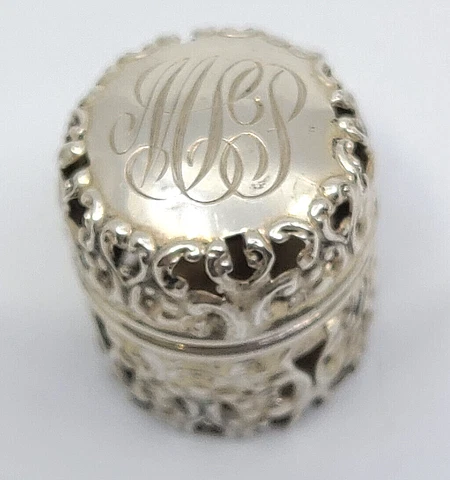 Antique Sterling Silver Chatelaine Thimble Holder Case w/Mono Cover