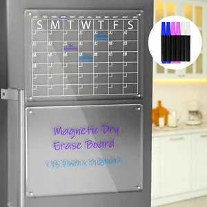Acrylic Magnetic Dry Erase Board and Calendar for Fridge, Clear Set of 2 Dry Era - Picture 1 of 12
